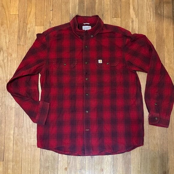 Carhartt Mens Button Up Down LS Long Sleeves Flannel Shirt Red larger - Picture 1 of 4